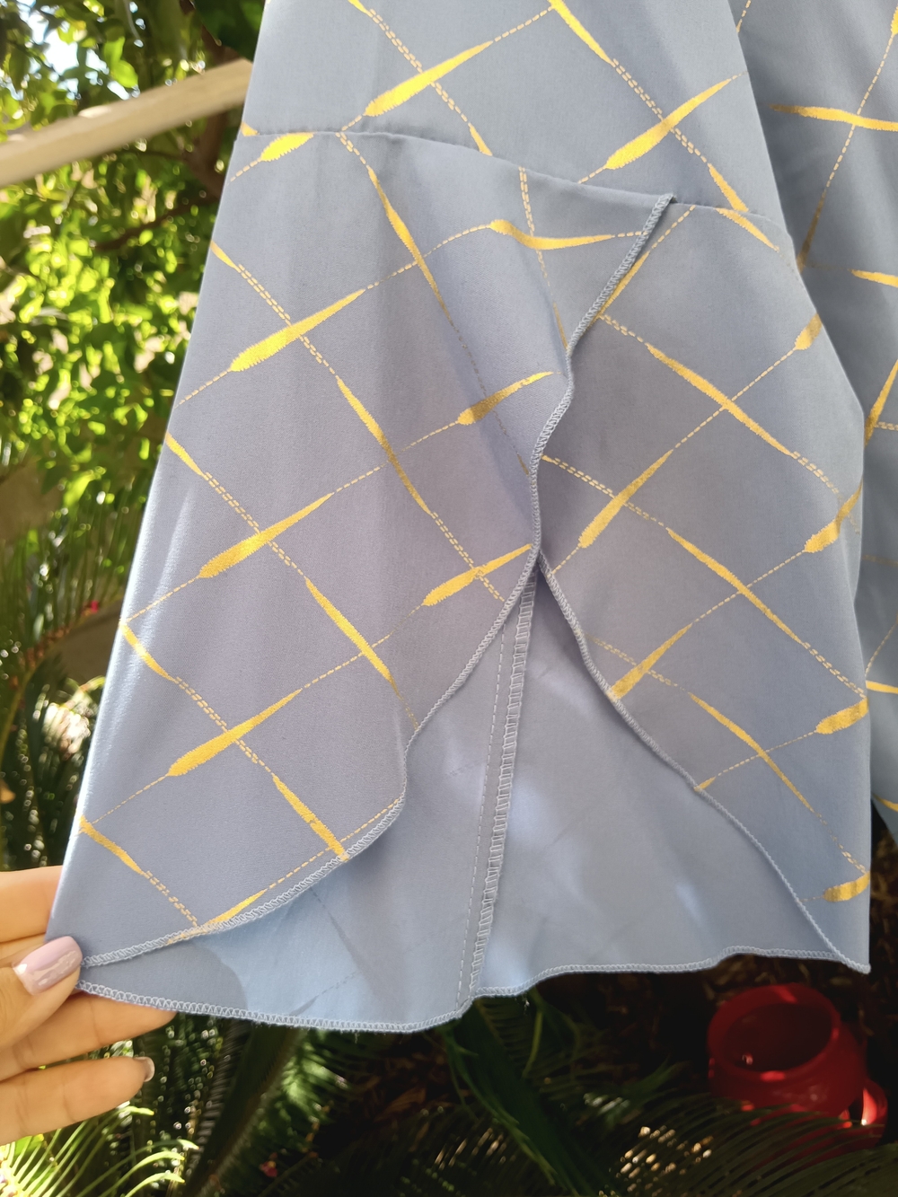Blue & Gold Patterned Ruffle Sleeve Blouse - Picture 9 of 12